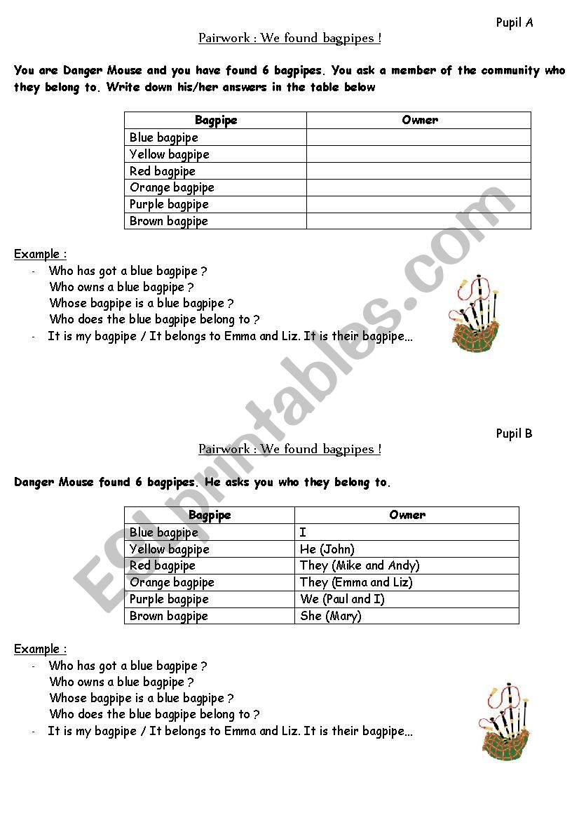 pairwork possessive adjectives