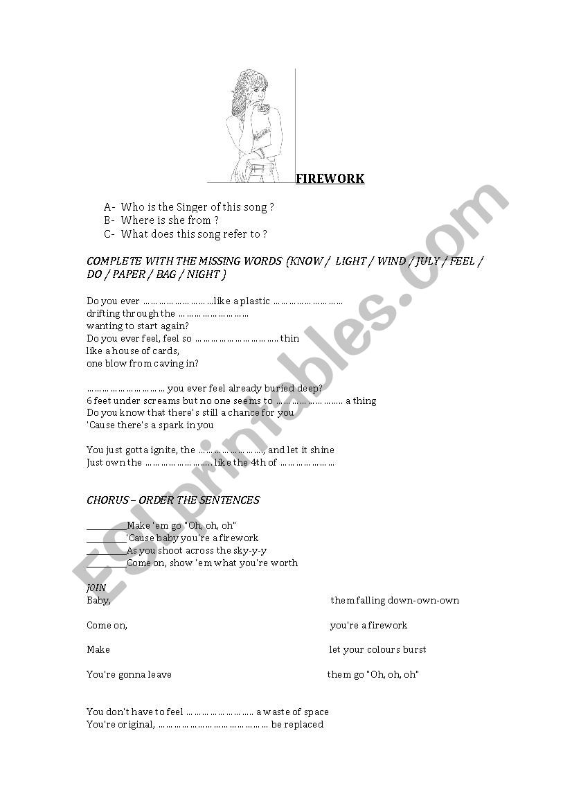 SONG FIREWORK worksheet