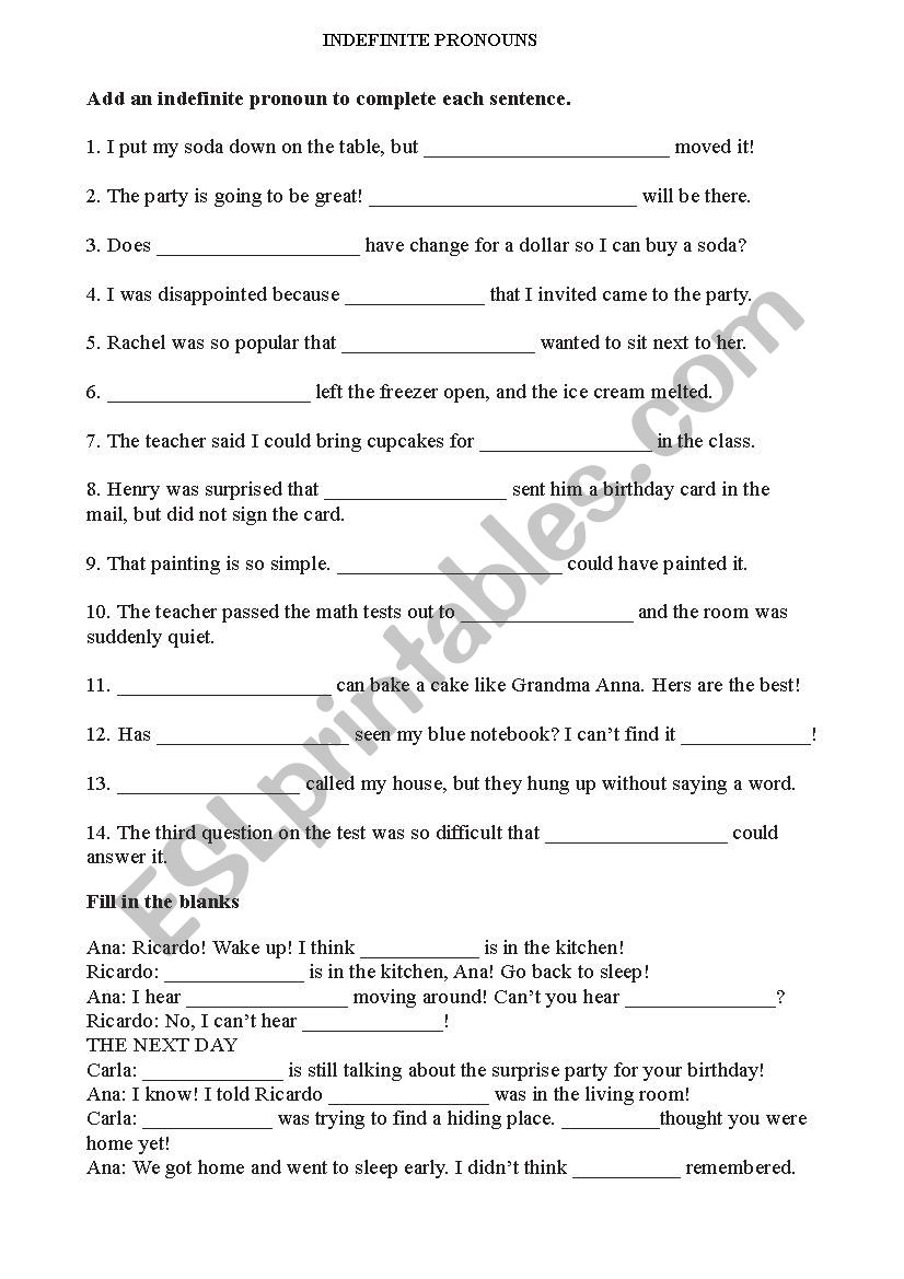 Indefinite pronouns worksheet