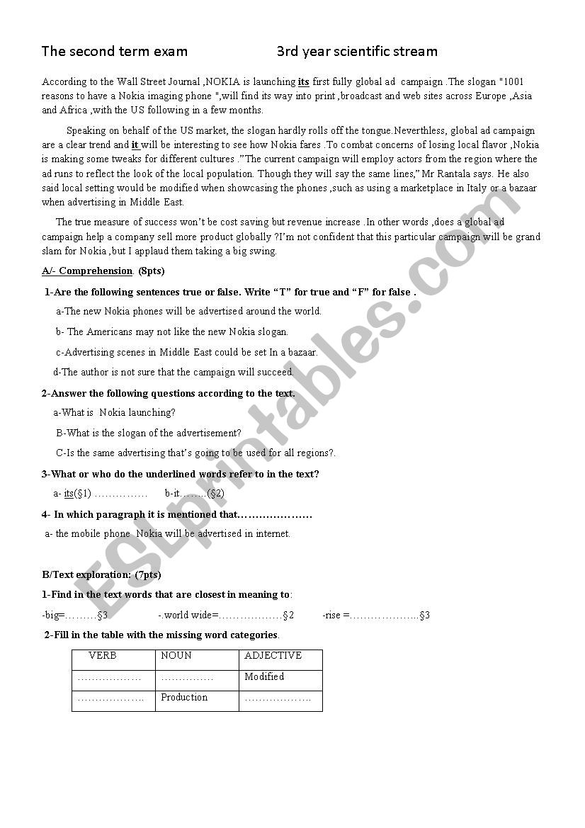 second term exam. worksheet