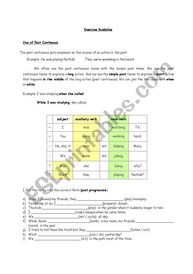 Past continuous exercises worksheet