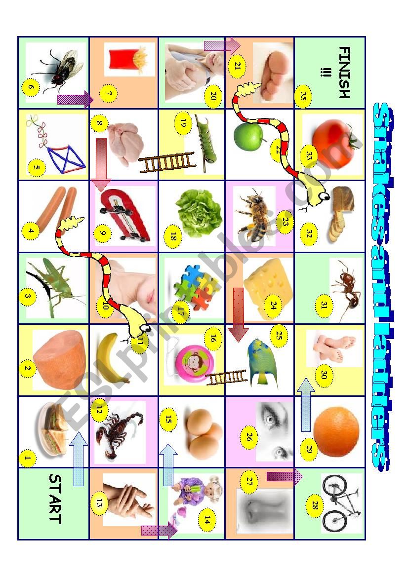 SNAKES AND LADDERS ; FOOD, ANIMALS, TOYS AND PARTS OF BODY