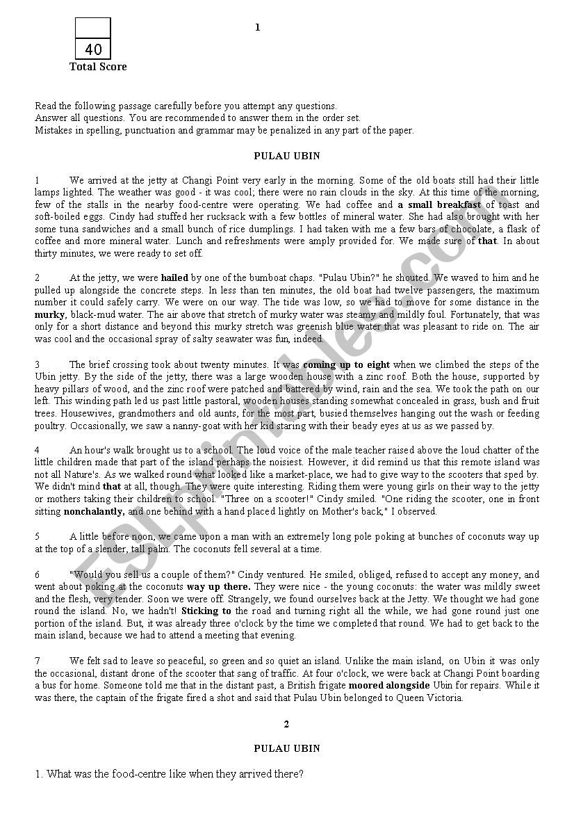 comprehension  worksheet