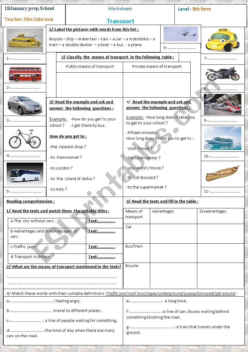 Transport  worksheet