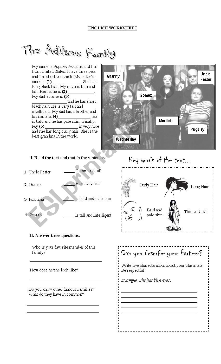 Adams Family Descriptions worksheet