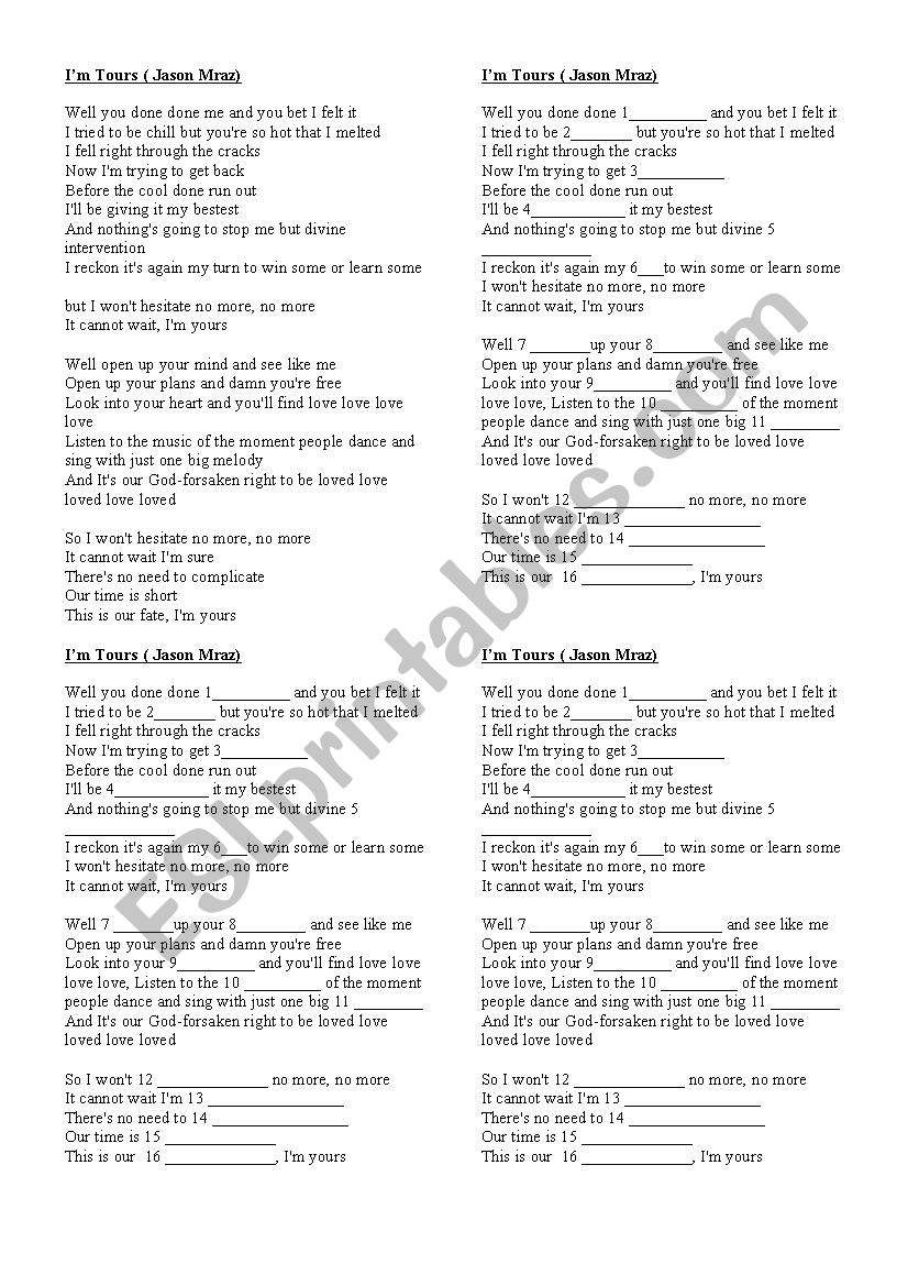 IM YOURS by JASON MRAZ worksheet