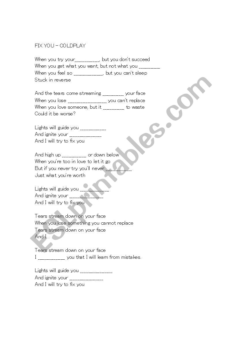Fix you lyrics worksheet worksheet