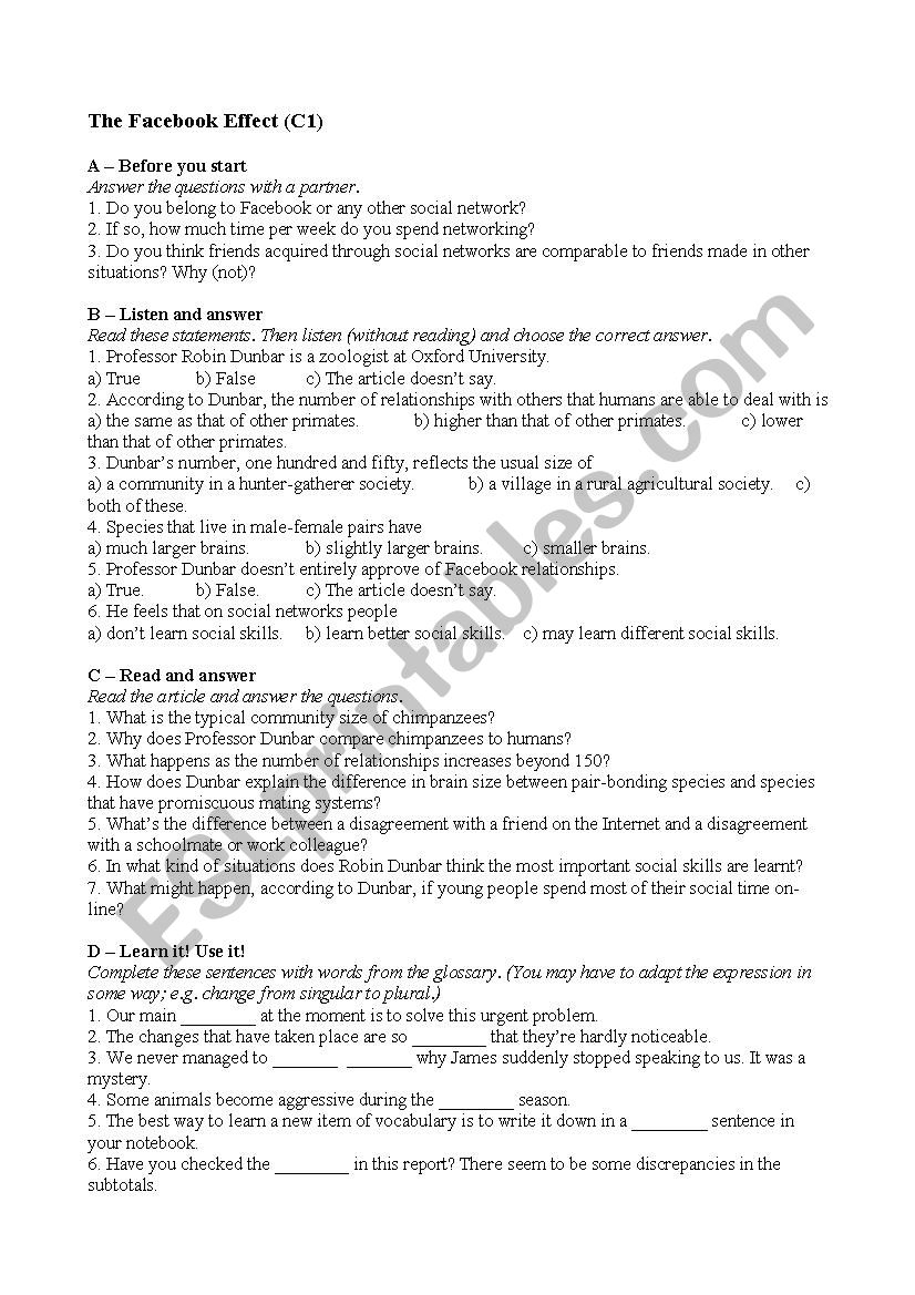the face book effect worksheet