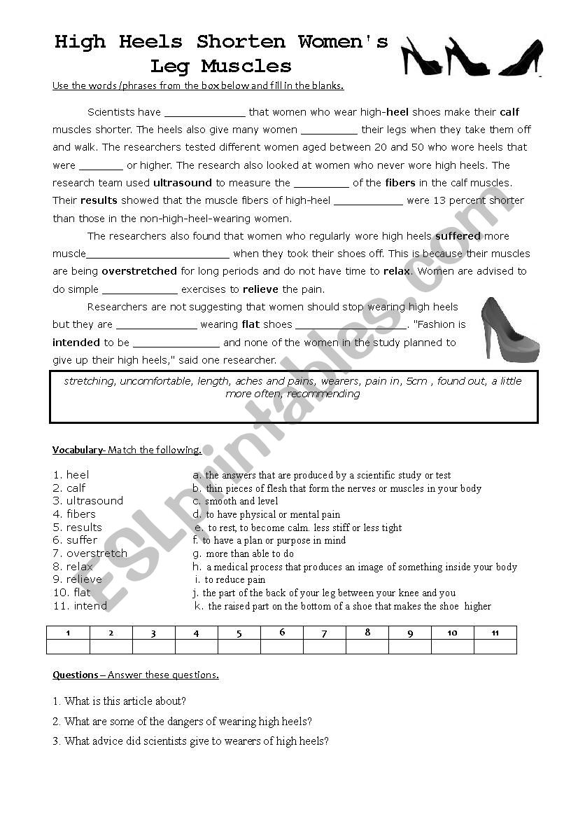 High heel shorten women worksheet