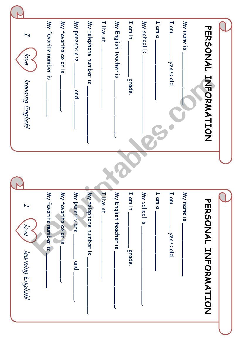 Personal Information worksheet