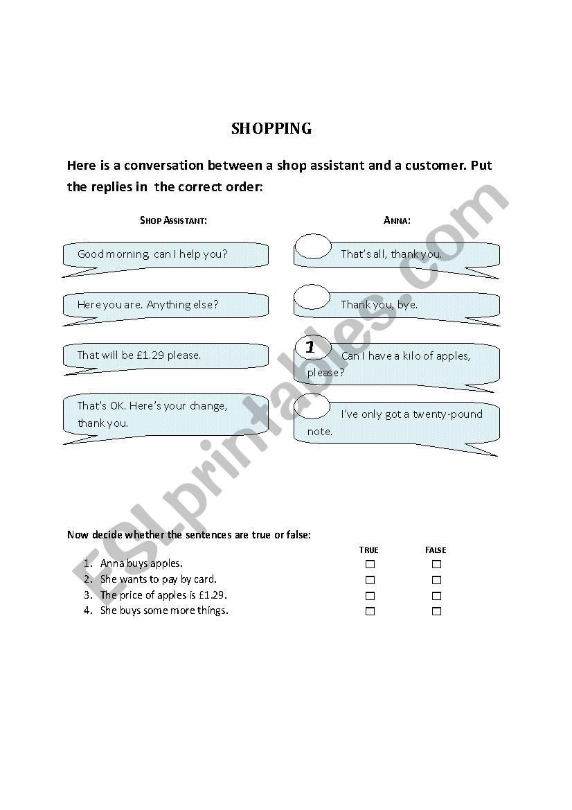 shopping worksheet