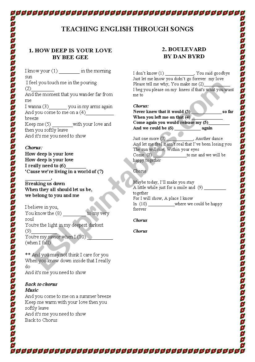 English song worksheet worksheet