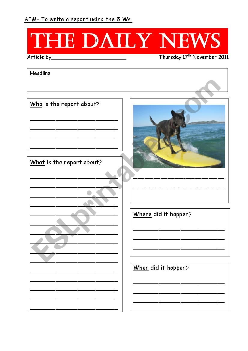 Newspaper Report Template worksheet