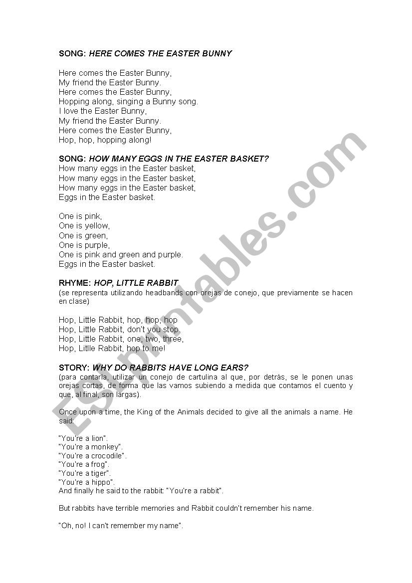 Songs and story aboyt easter worksheet