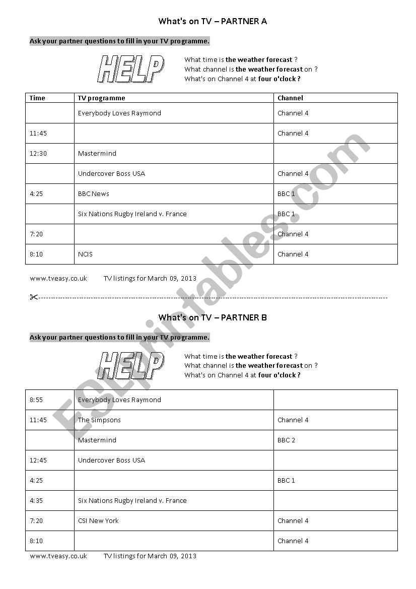 Whats on TV ? 1/3 worksheet