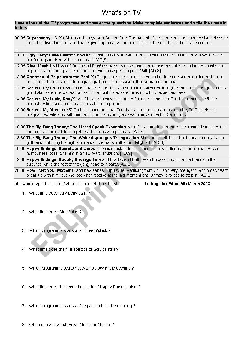 Whats on TV ? (2/3) worksheet