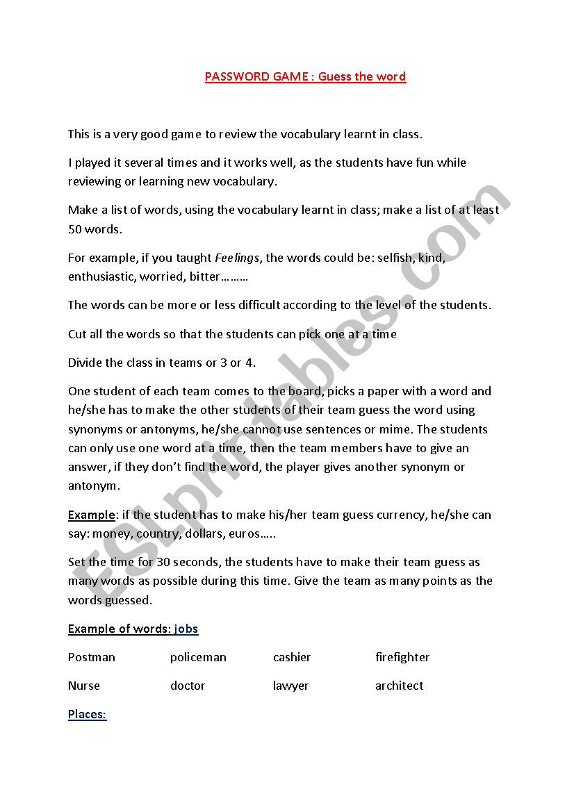 password game worksheet