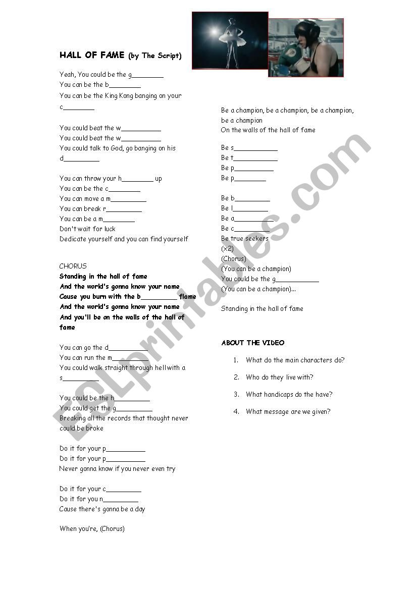 Hall of Fame worksheet