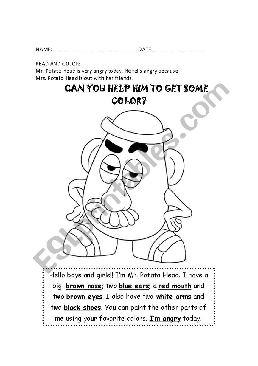 Color Mr. Potato Head worksheet