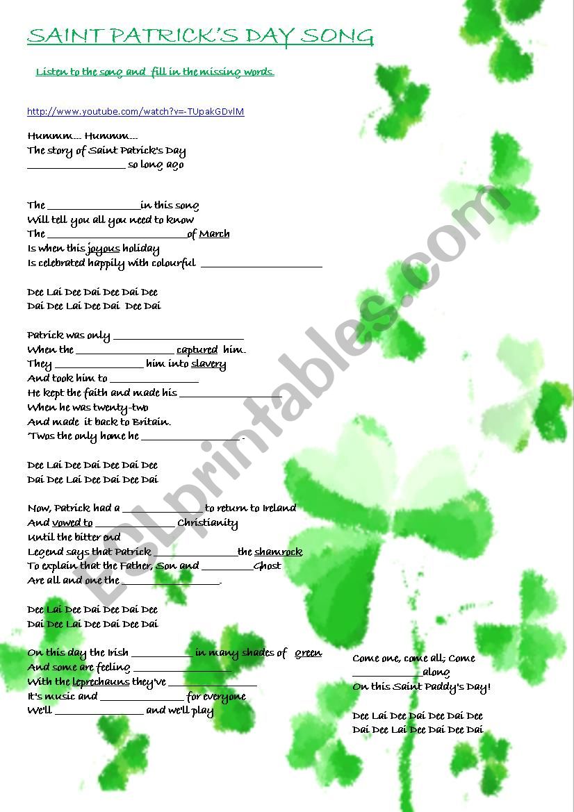 Saint Patricks Day song worksheet