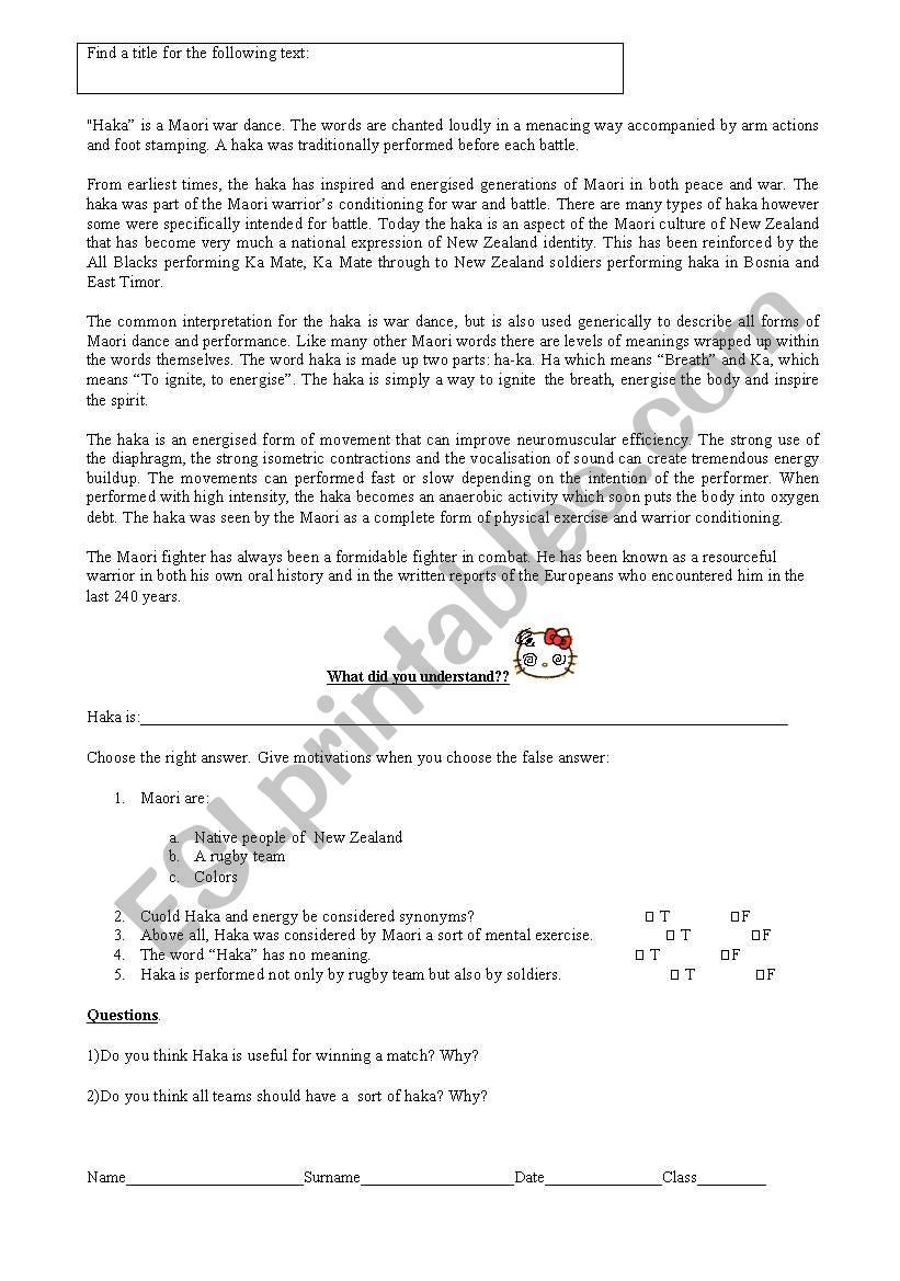 Haka war worksheet