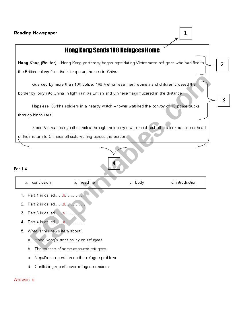 Reading Newspaper exercise worksheet