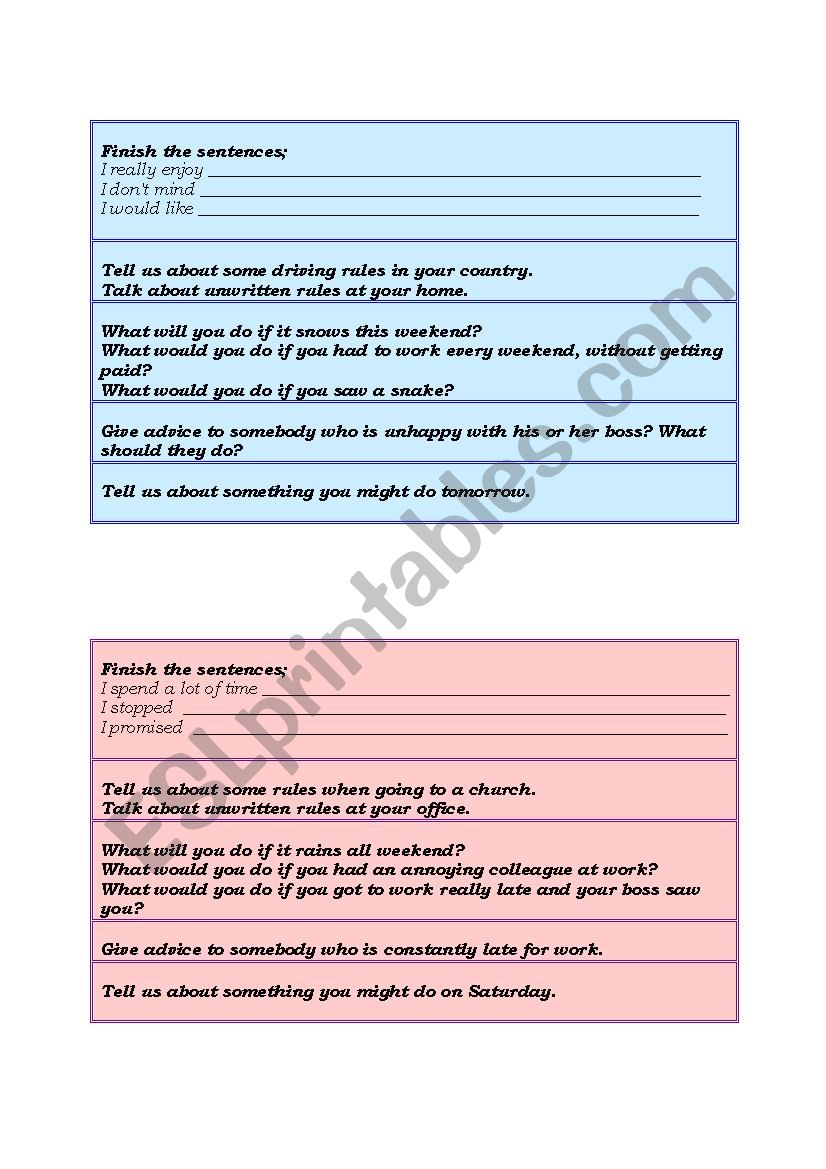 Pre-intermediate revision grammar and speaking cards