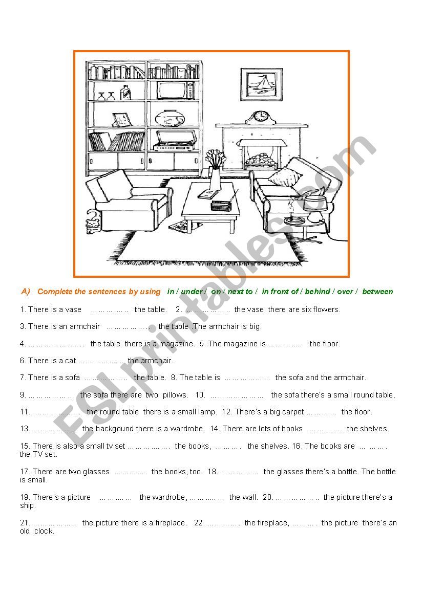 Prepositions of place - Room description exercises