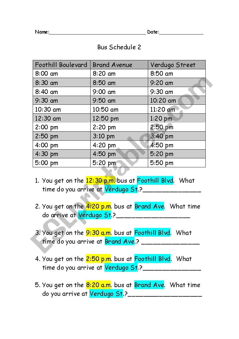 Reading a Bus Schedule worksheet