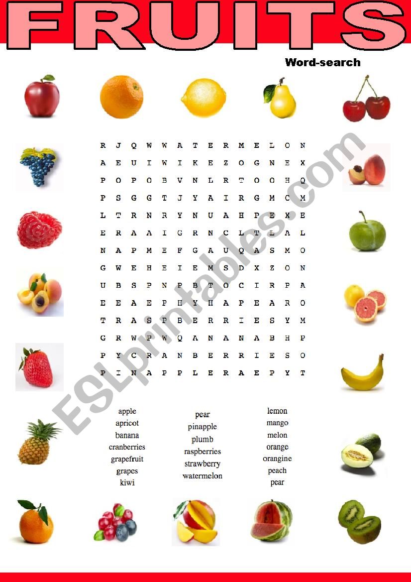 Fruits word seach worksheet