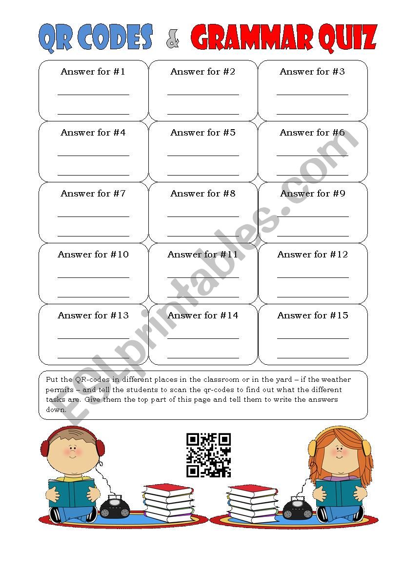 QR Codes and Grammar Quiz (2 pgs; 2nd page has QR codes)