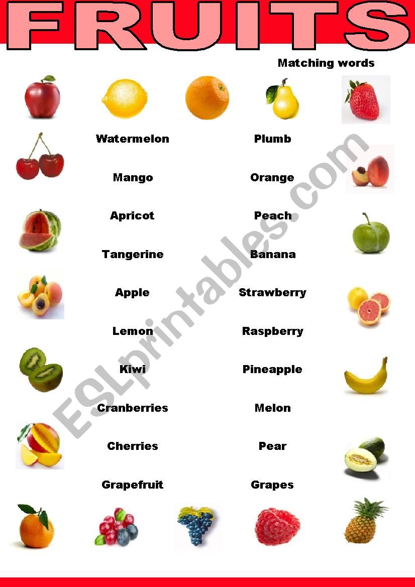 Fruits matching-words worksheet