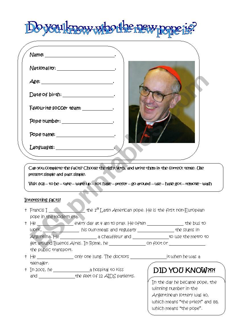 Pope Francis worksheet