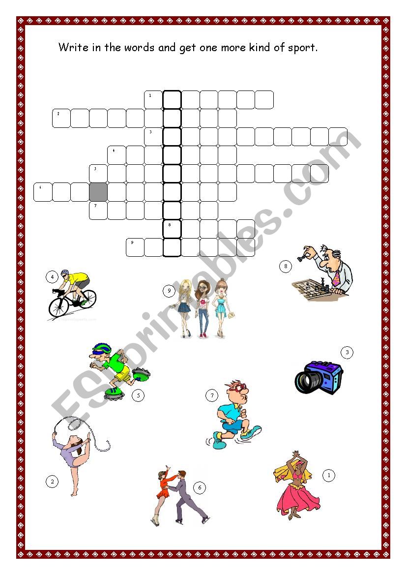 Sports and hobbies crossword worksheet