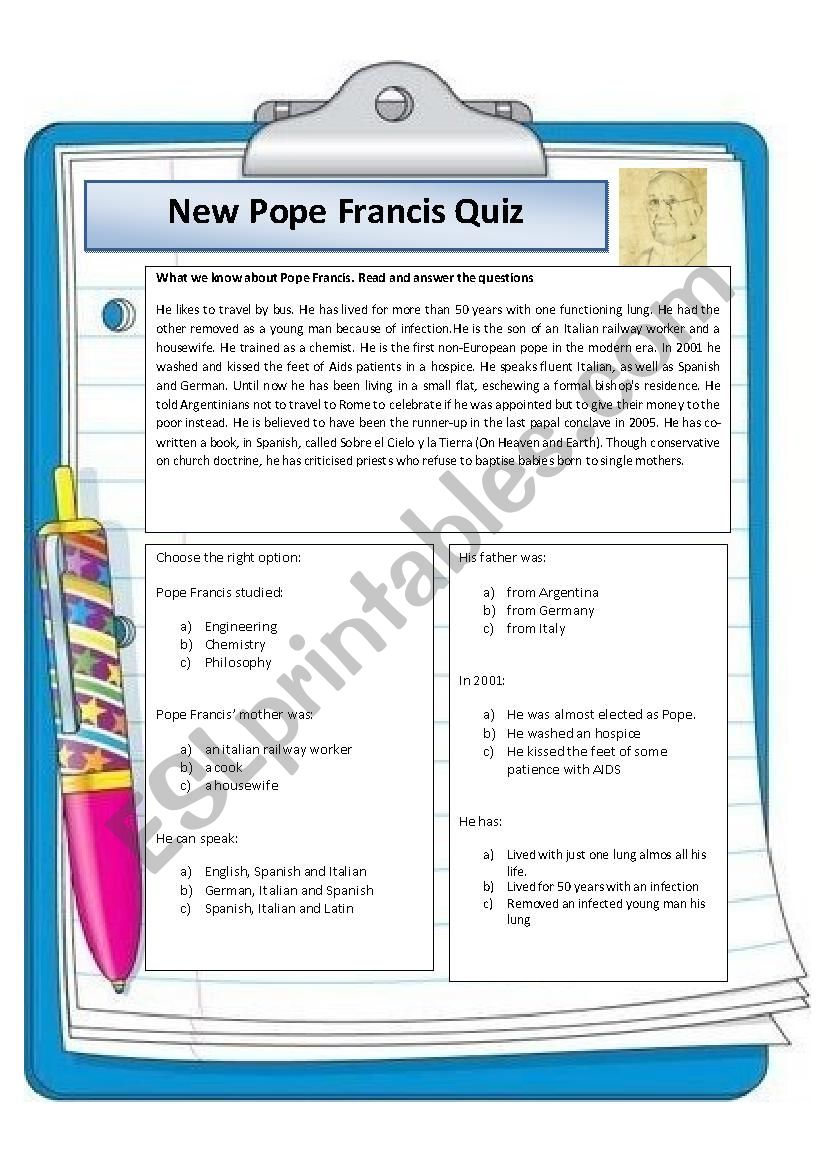 New Pope Francis Reading Text & Quiz (WITH KEY)