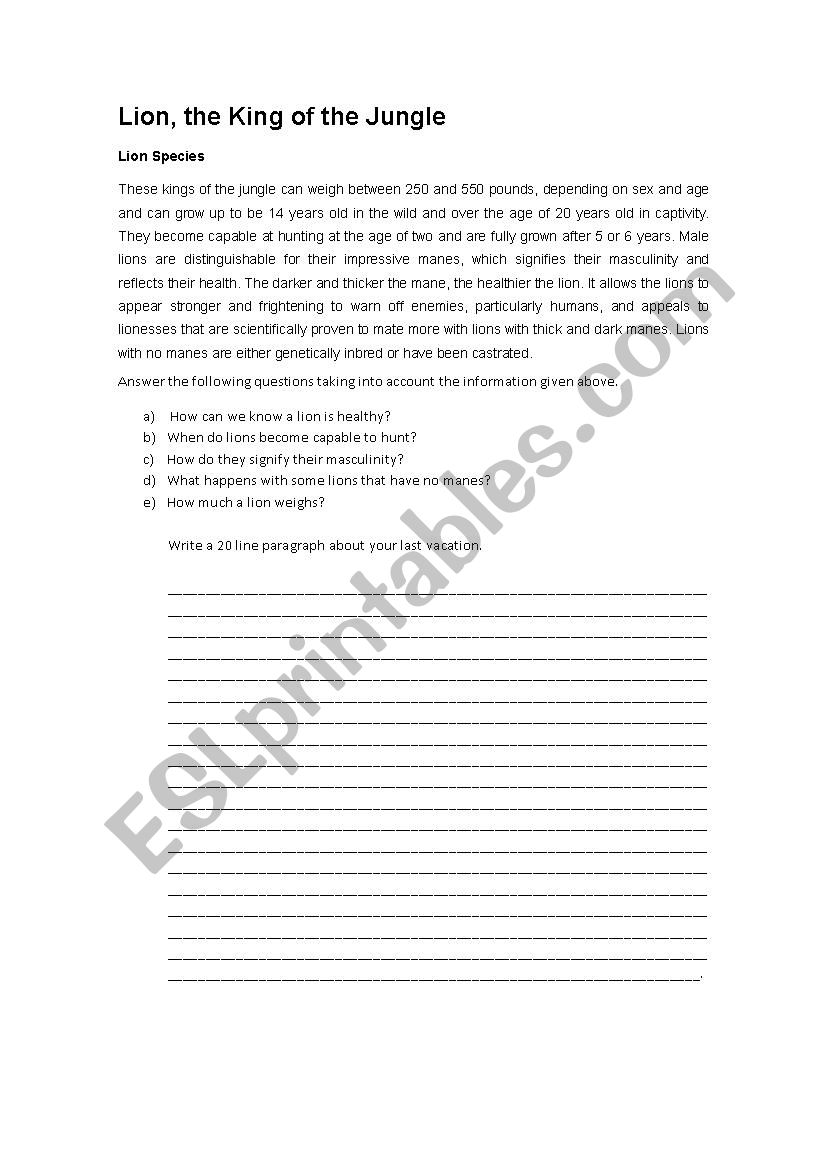Lion the King of the Jungle worksheet