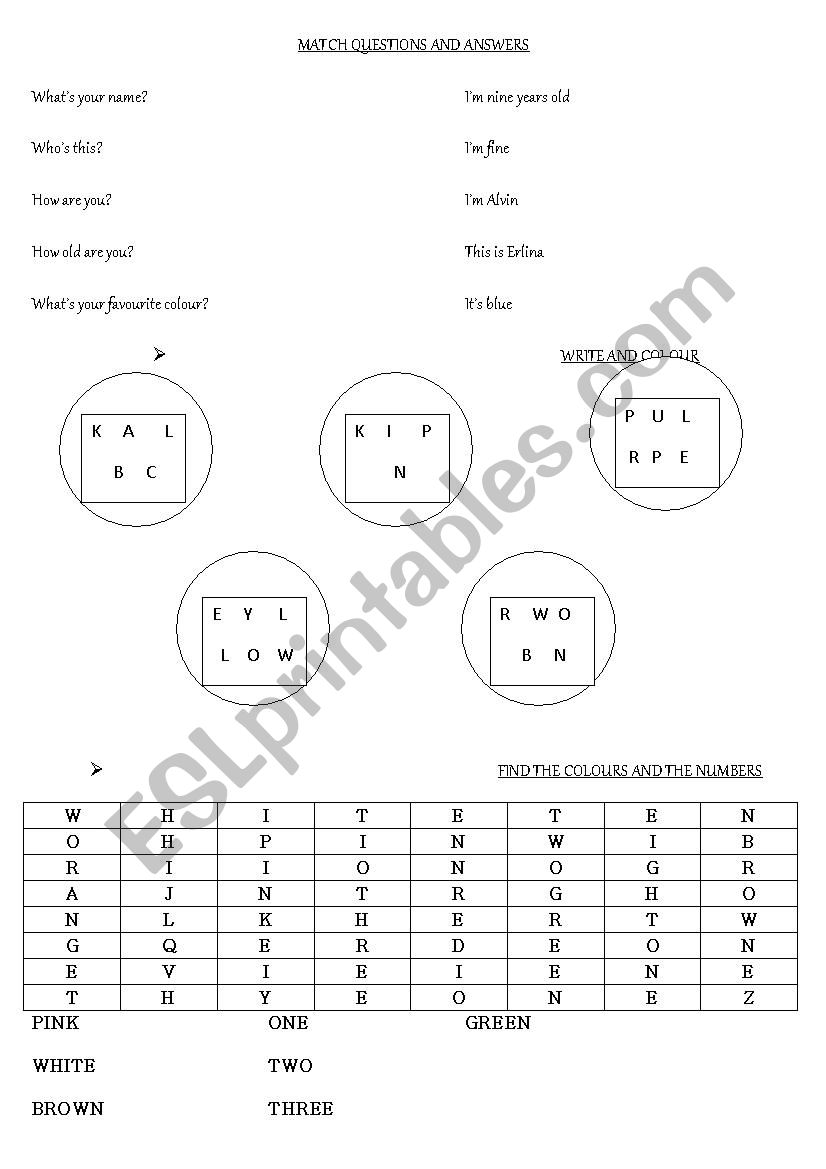 Match Questions and Answers worksheet