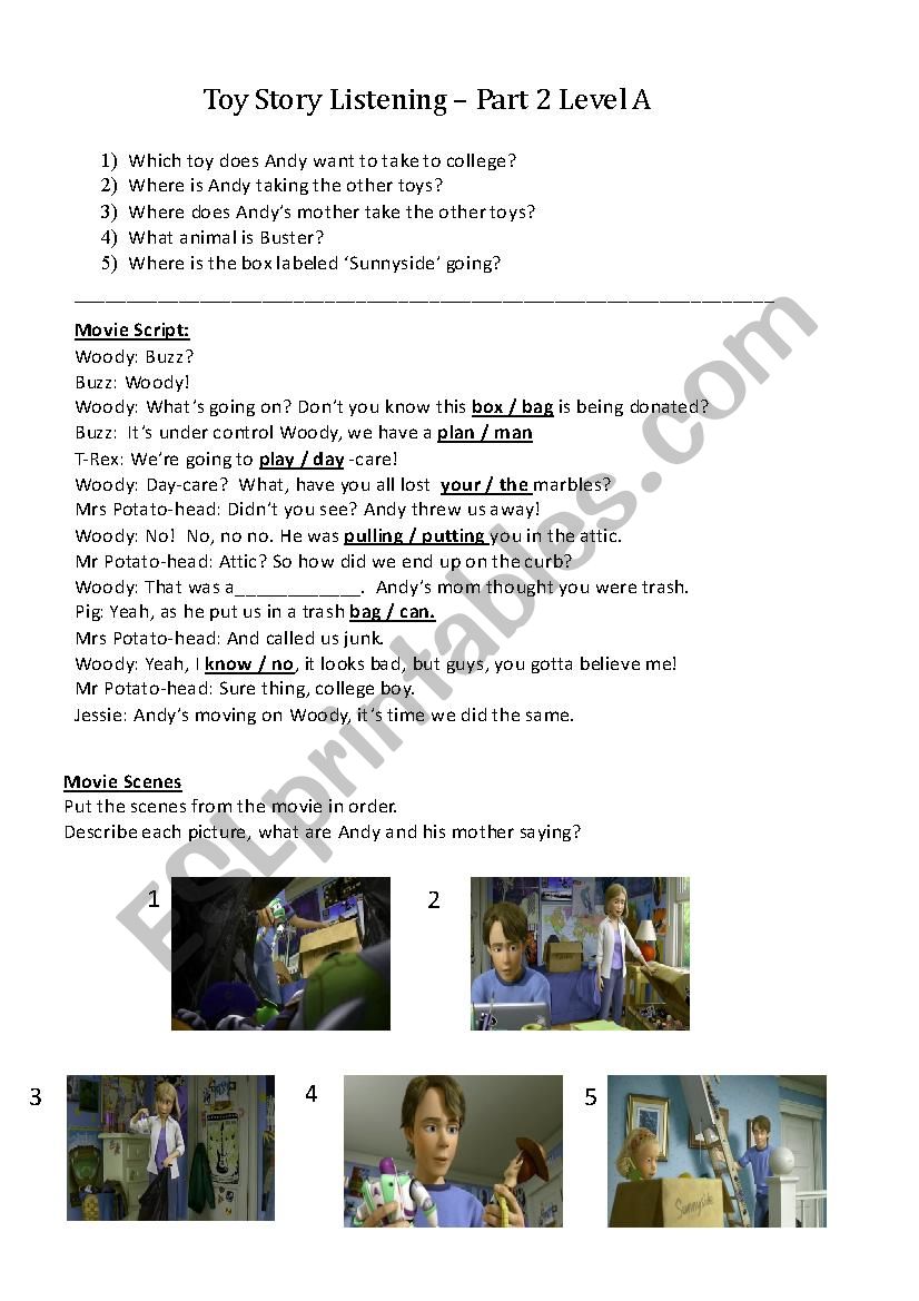 Toy Story Listening Section 2 worksheet