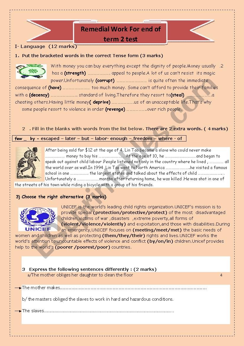 remedial work for second form worksheet