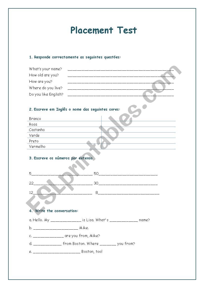 Placement Test worksheet