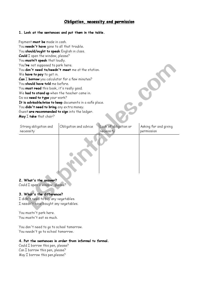 Obligation and Necessity worksheet