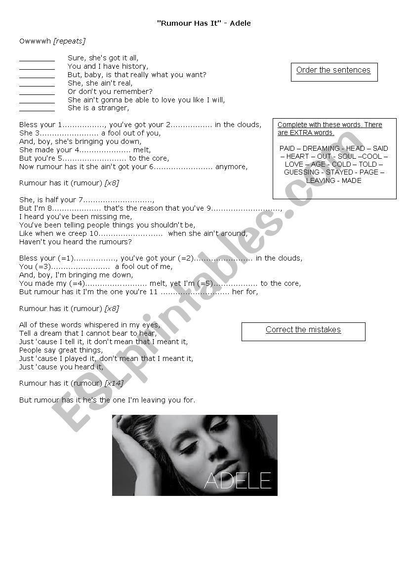 Adele Rumour Has It worksheet