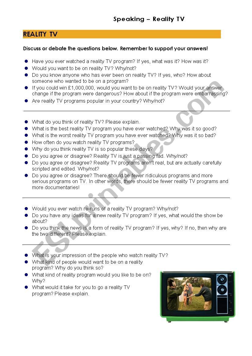 Reality TV Speaking Prompts worksheet