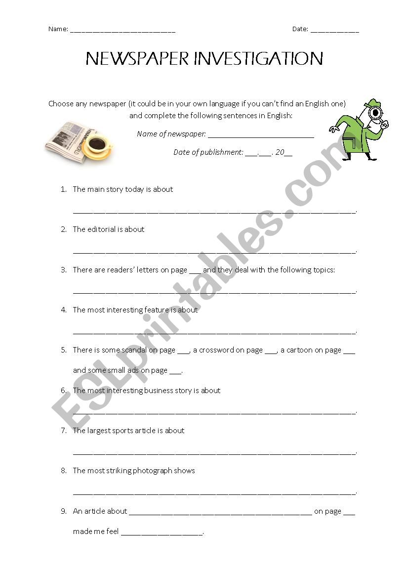 Newspaper Investigation worksheet