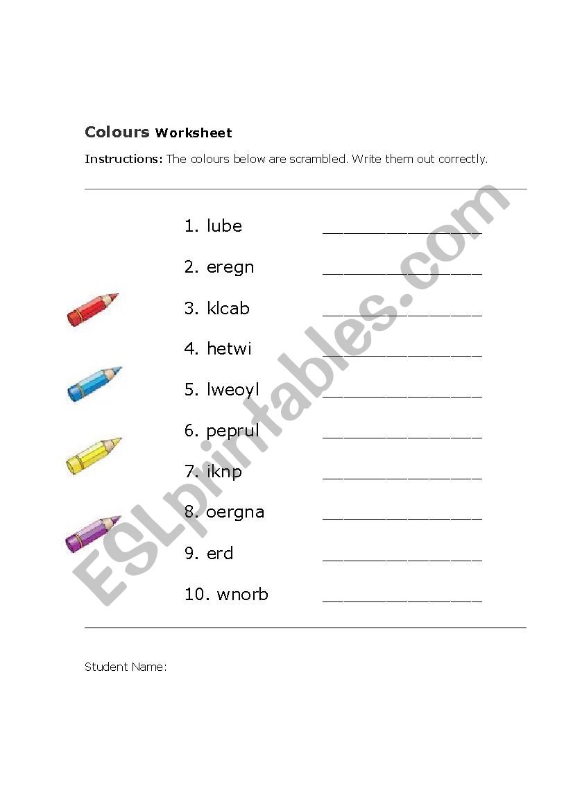 Colours Worksheet worksheet