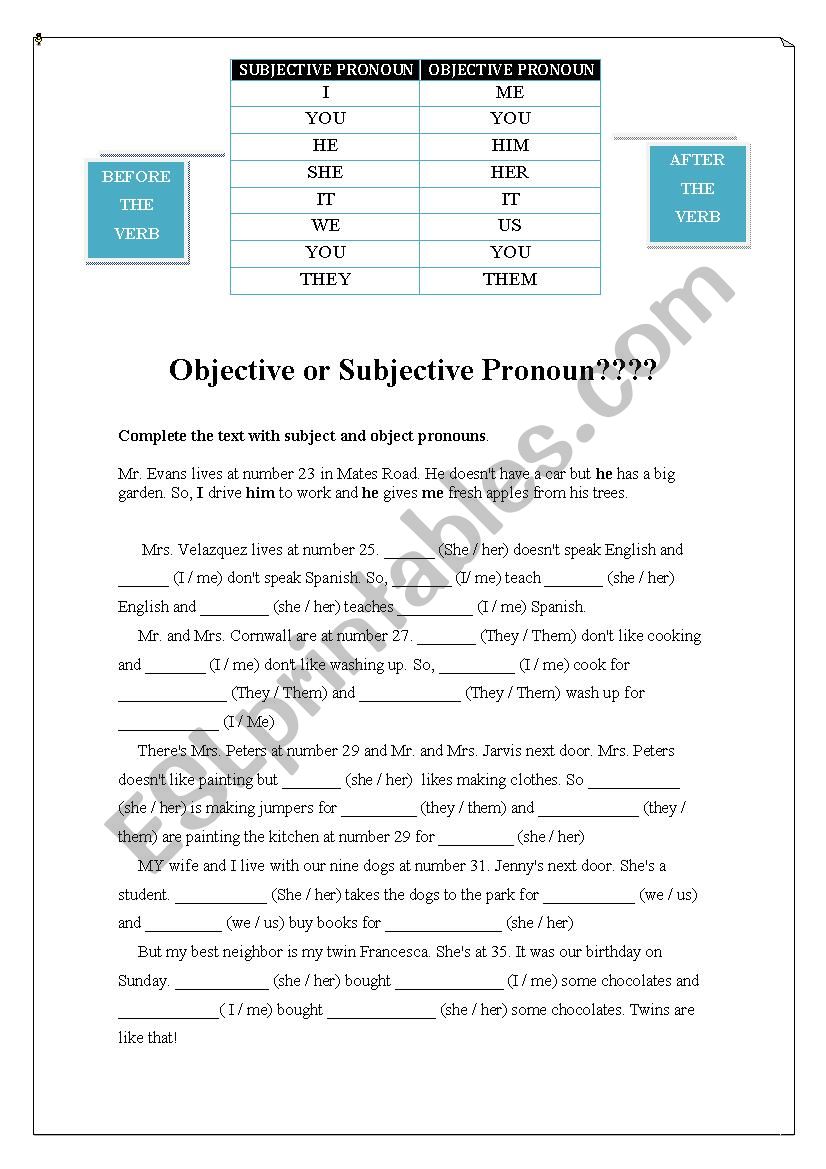 Subjective And Objective Pronouns Worksheets
