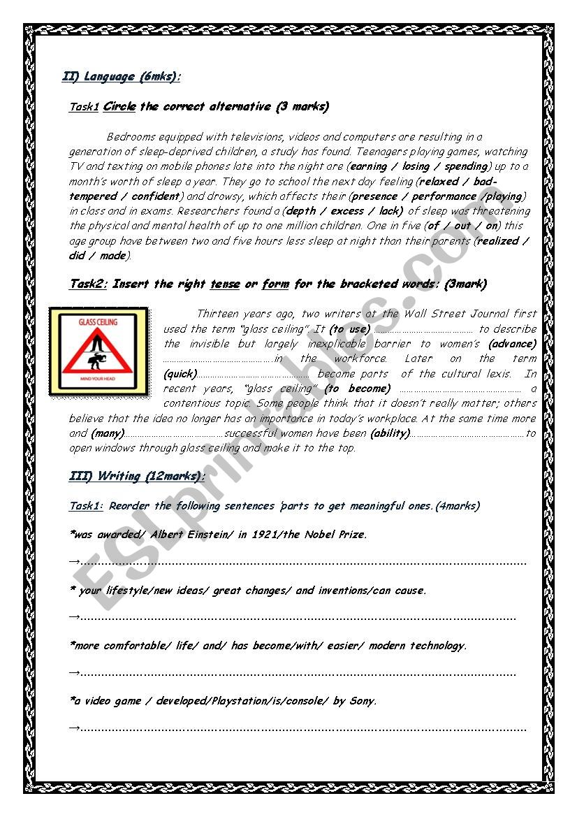 Language and writing parts for Bac Tunisian students