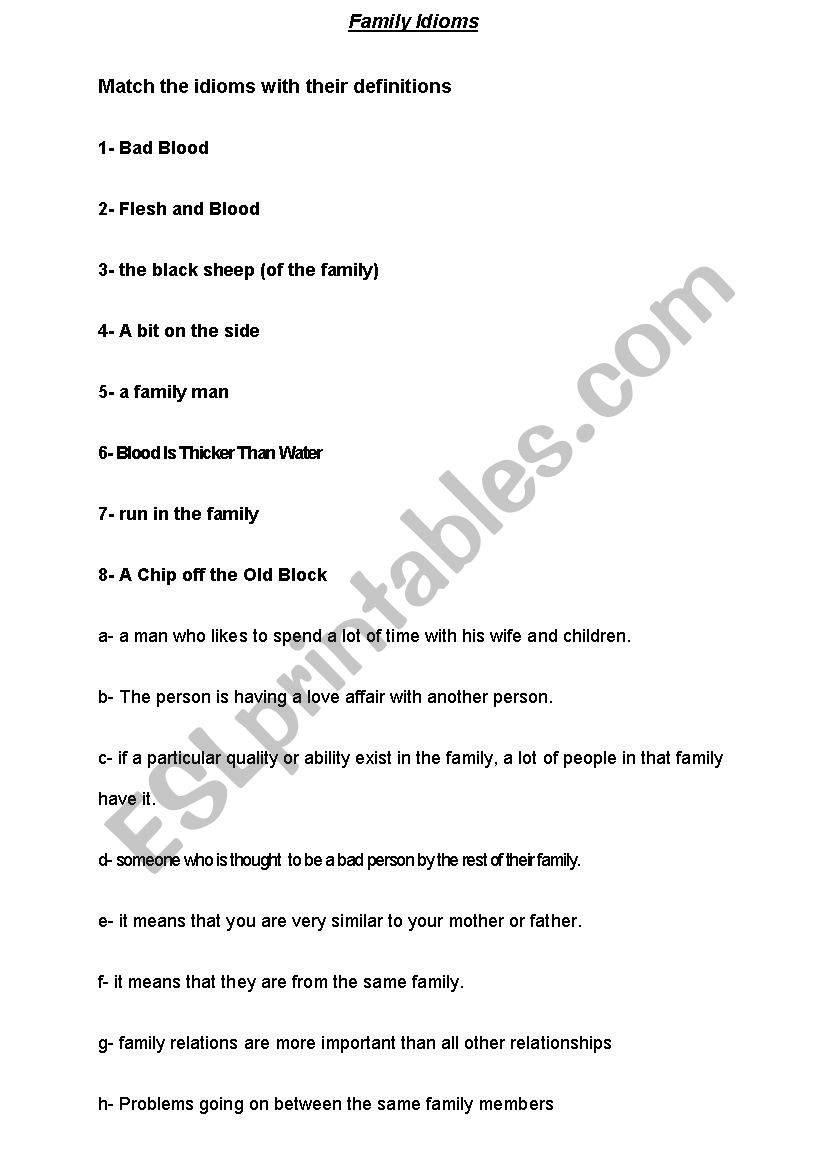 family idioms worksheet