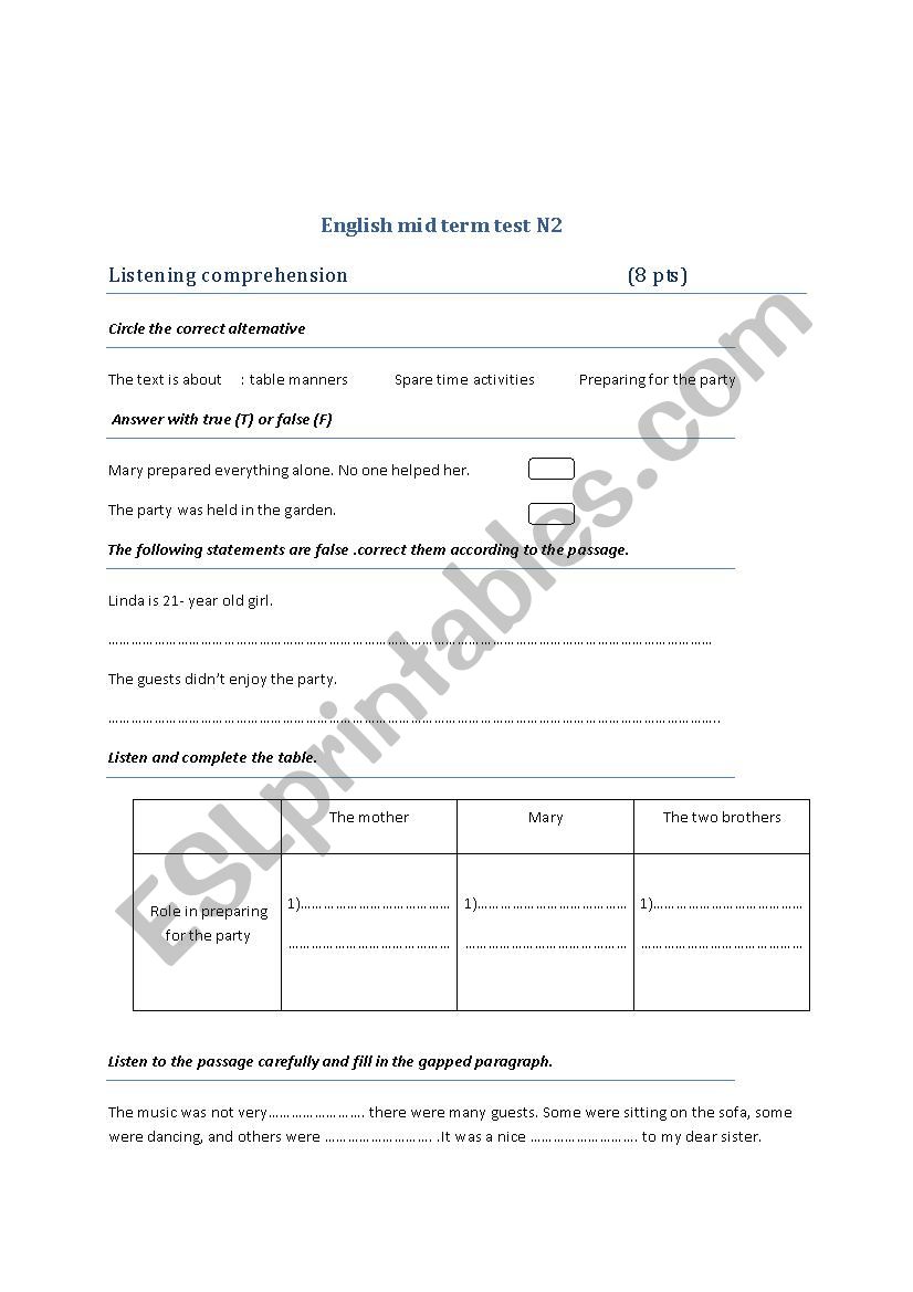 mid term test for 8th form worksheet