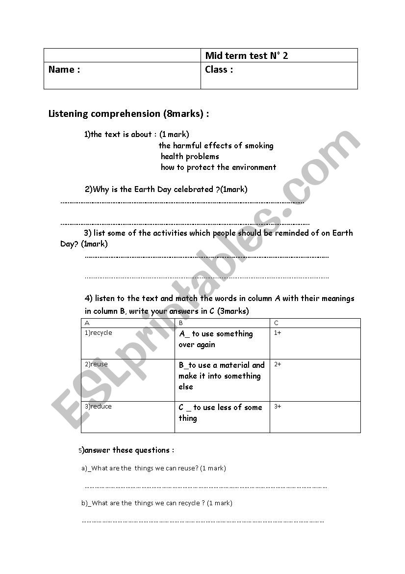 mid term test for 9th form worksheet